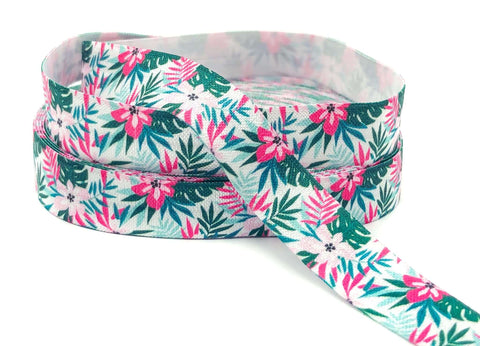 hibiscus flower flowers tropical leaf leaves pink green fold over elastic elastics ribbon ribbons foe uk crafts craft supplies cerise