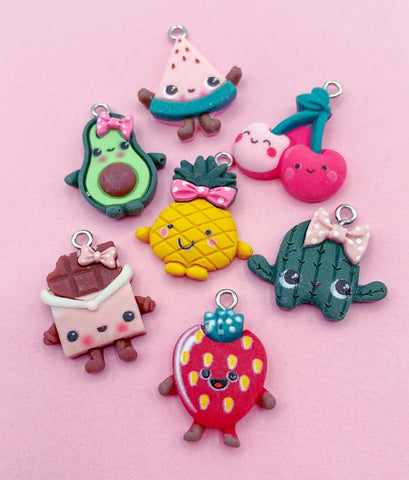 kawaii food fruit plants cute resin charm charms uk craft supplies pineapple chocolate watermelon cacti cactus cherry cherries avocado strawberry fun happy smiling