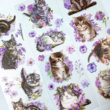 lilac purple floral flowers cat cats kitten kittens clear plastic sticker stickers sheet grey tabby tabbies kitty uk cute kawaii stationery planner supplies garden nature