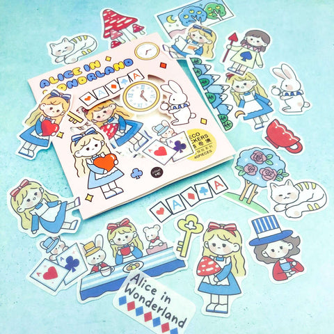 alice in wonderland translucent washi sticker flakes stickers pack of 40 die cuts white rabbit cheshire cat mad hatter uk cute kawaii stationery