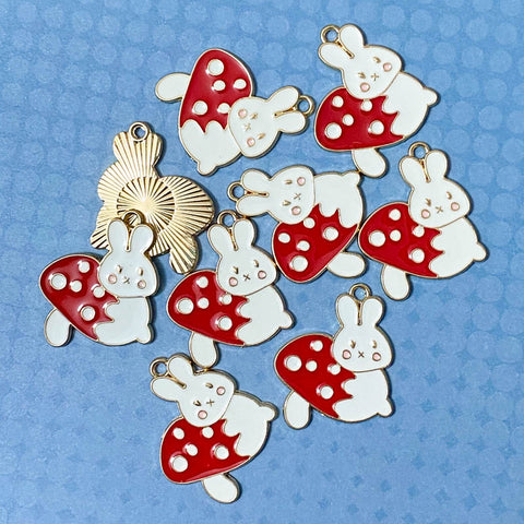 white bunny rabbit bunnies rabbits enamel enamelled gold tone metal charm mushroom mushrooms red spot spotty spotted pendant pendants large craft supplies uk cute kawaii