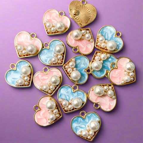 pearl pearls clusters heart hearts gold tone metal enamel enamelled charm charms pendant pink blue pretty uk cute kawaii craft supplies marble marbled sweet