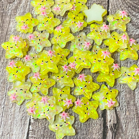 happy smiling kawaii star stars yellow glitter glittery resin acrylic flat back fb flatback embellishment uk craft supplies cute pink flower lemon bright