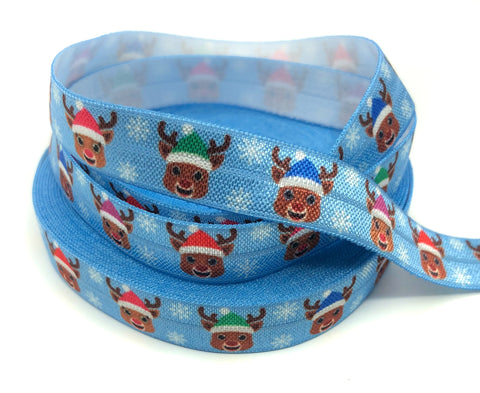 rudolph with santa hats on blue snowflake elastic ribbon 14mm elastics ribbons kawaii christmas fold over foe reindeer heads uk cute kawaii craft supplies