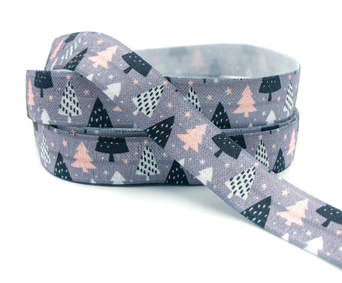 retro vintage grey christmas tree trees vintage design fold over elastic ribbon ribbons elastics uk craft supplies black white