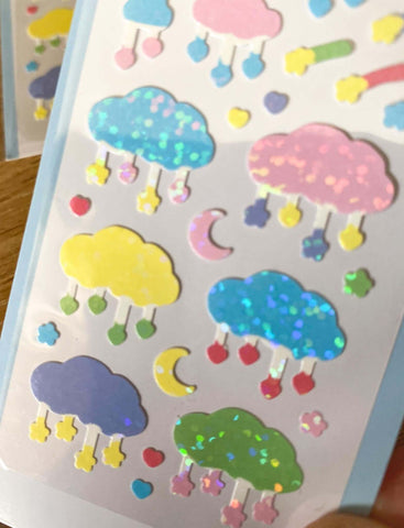 rain cloud clouds and stars moon moons sparkly glitter laser holo holographic sticker stickers pack uk cute kawaii bunny rabbit rabbits rainbow rainbows