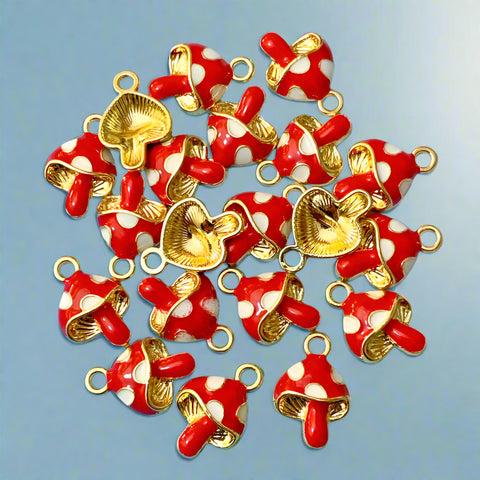 little small red and white spotted toadstool mushroom mushrooms gold tone metal enamel charm charms uk cute kawaii craft supplies mini earring making