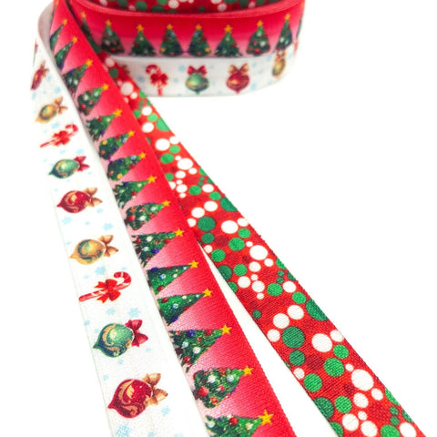christmas elastic ribbon ribbons fold over elastics foe bauble festive tree trees candy cane polka dot dots spot spotty red green white uk craft supplies cute kawaii