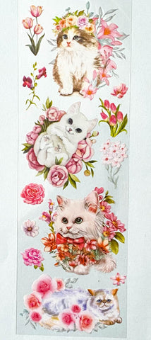 pretty pink and white floral flower flowers cat cats kitten kittens clear plastic sticker stickers sheet sheets pack uk stationery rose tulip dahlia lily garden nature green spring grey tabby