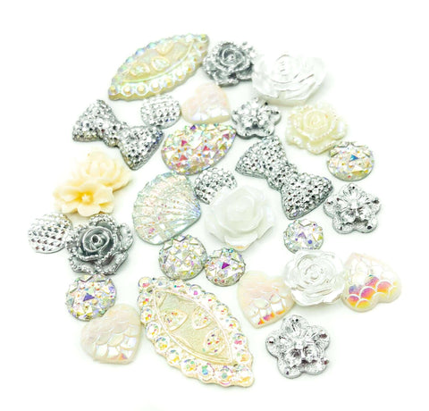 cream ivory white and silver fb flatback flat back bundle pearly glittery embellishments bundles uk cute kawaii craft supplies weddings crafting resin