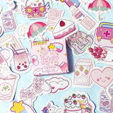 happy pink cute kawaii mini sticker flakes box of 46 stickers die cut cuts clouds cake drink food stars unicorn rainbow umbrella milk backpack gameboy uk stationery