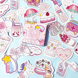 happy pink cute kawaii mini sticker flakes box of 46 stickers die cut cuts clouds cake drink food stars unicorn rainbow umbrella milk backpack gameboy uk stationery