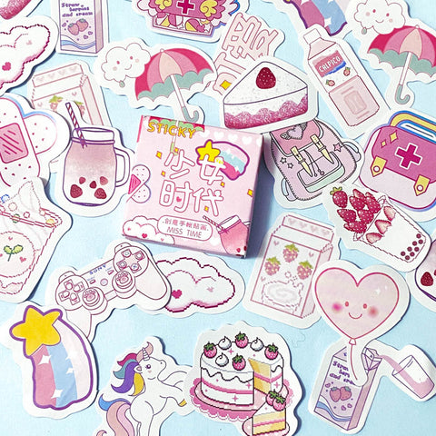 happy pink cute kawaii mini sticker flakes box of 46 stickers die cut cuts clouds cake drink food stars unicorn rainbow umbrella milk backpack gameboy uk stationery