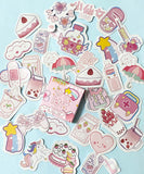 happy pink cute kawaii mini sticker flakes box of 46 stickers die cut cuts clouds cake drink food stars unicorn rainbow umbrella milk backpack gameboy uk stationery