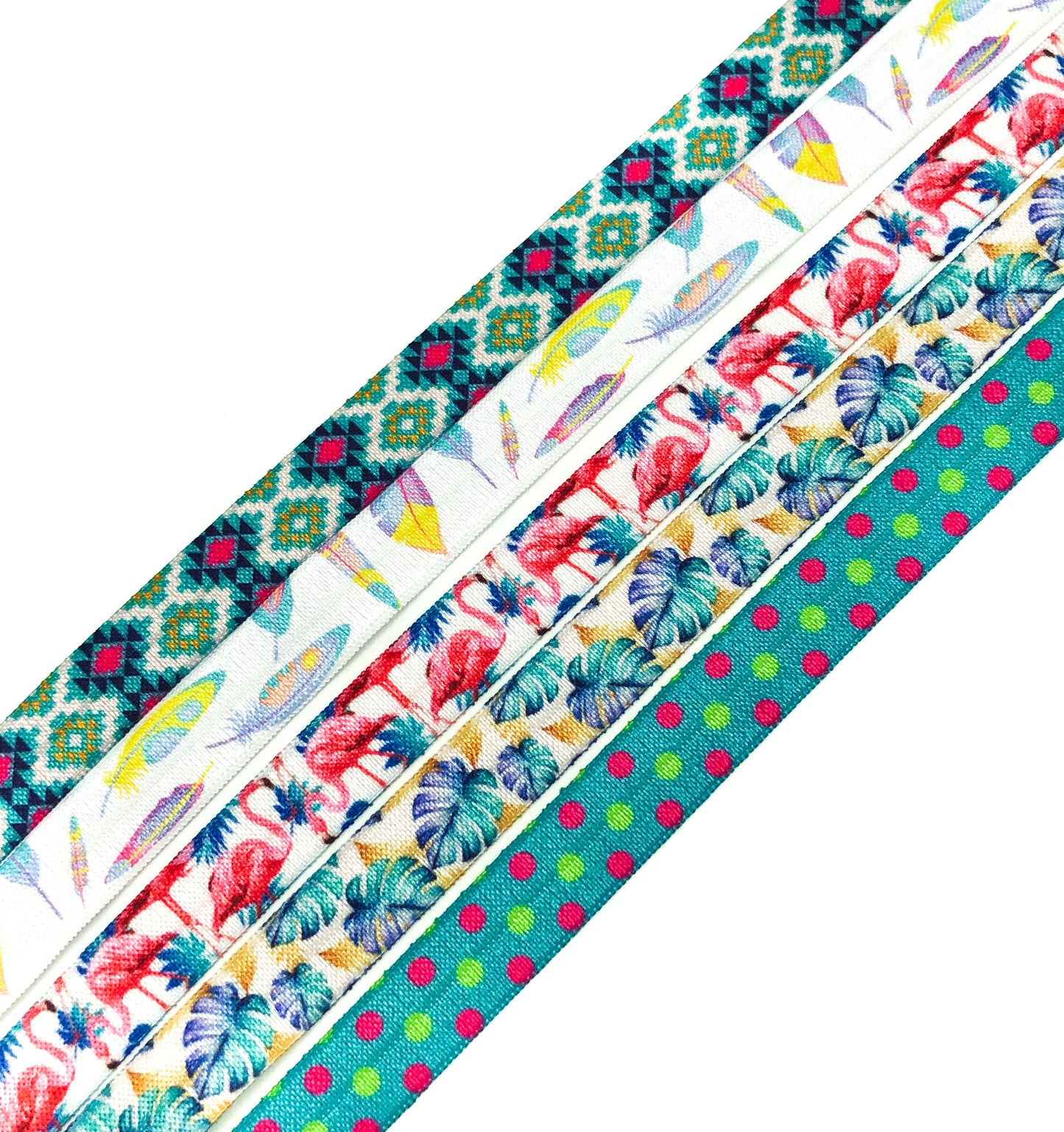 fold over elastic ribbon ribbons summer tropical pineapple flamingo aztec feathers leaves polka dots uk craft supplies elastics cute kawaii turquoise aztec geometric palms leaf leaves feather