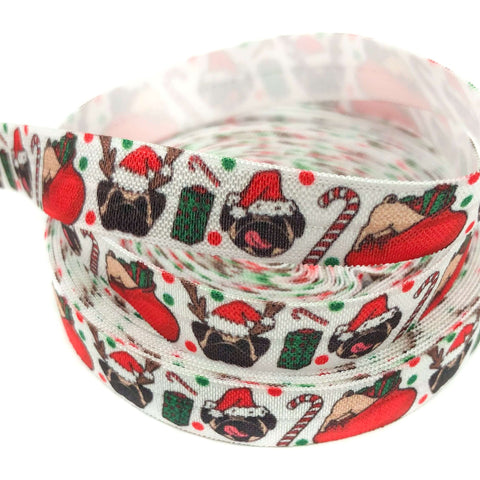 christmas pug pugs dog dogs puppy fold over elastic ribbon kawaii elastics cute fold over elastics ribbons uk kawaii craft supplies stretchy red green with santa hat