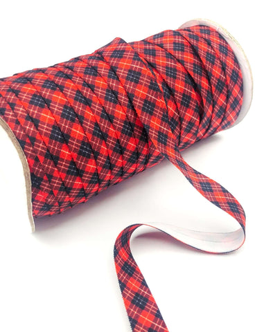 red and black festive christmas elastic tartan plaid pattern fold over elastics foe ribbons uk craft supplies ribbon