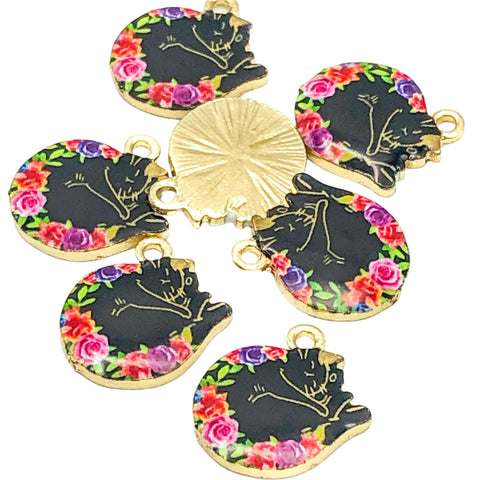 Last few- Just 45p! FLORAL SLEEPING BLACK CAT Charm 18mm