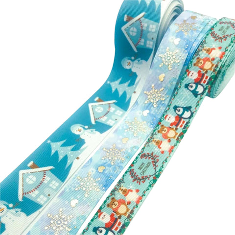 22mm 25mm 38mm grosgrain ribbon ribbons turquoise blue snowflake snowflakes gold foil foiled cute kawaii uk festive christmas yard craft supplies santa penguin snowman