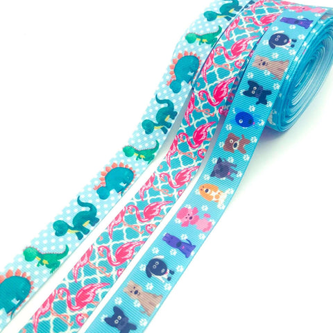 blue turquoise animal 22mm wide grosgrain ribbon ribbons yard uk craft supplies flamingo flamingos dog dogs dino dinosaur dinosaurs cute kawaii