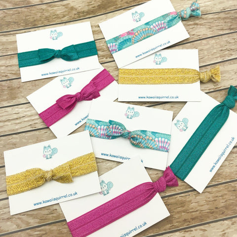 hair ties tie elastic elastics bow bows handmade uk gift gifts cerise teal seashell summer ocean hand made gift bands accessories