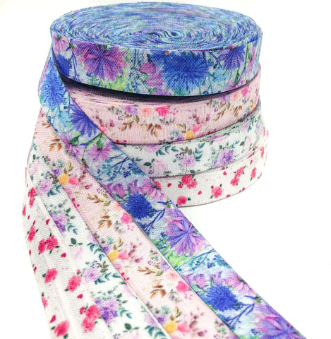 yard pretty floral flower ribbon elastic fold over elastics foe stretch ribbons uk cute kawaii craft supplies rose roses blue pink lilac flowers