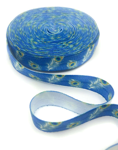 blue peacock feather feathers elastic fold over elastics foe ribbon ribbons uk craft supplies yard 15mm