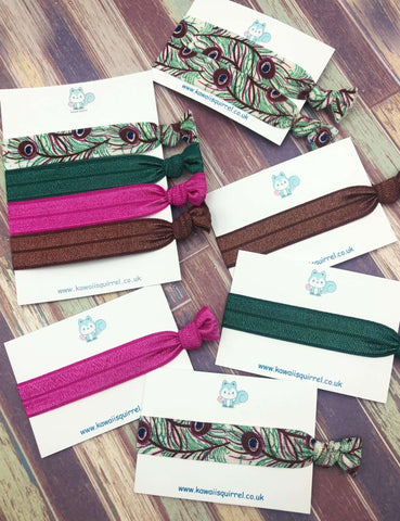 vintage peacock retro purple pink green feather feathers hair tie ties bands elastics set gift uk cute kawaii accessory band bows