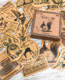 vintage brown paper sticker stickers flake flakes mini box of 46 animals woodland tickets antique sepia retro ephemera uk stationery