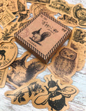 vintage brown sepia paper sticker flakes box of 46 stickers owl bee squirrel clock tickets bird scrapbook stationery