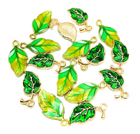 enamel green leaves leaf charm charms striped stripy shades uk cute kawaii craft supplies gold tone metal