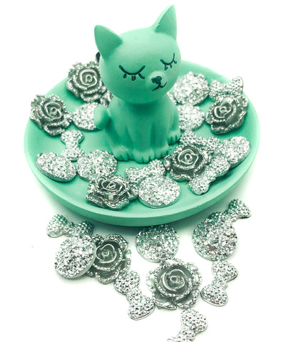 silver silvery fb flat backs embellishments acrylic bows roses round