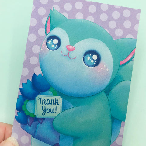 eco recycled handmade art postcard kawaii squirrel squirrels uk cards hand made artist exclusive purple turquoise floral flowers flower thank you thankyou bouquet polka dots spots cute kawaii stationery postcards gift gifts card