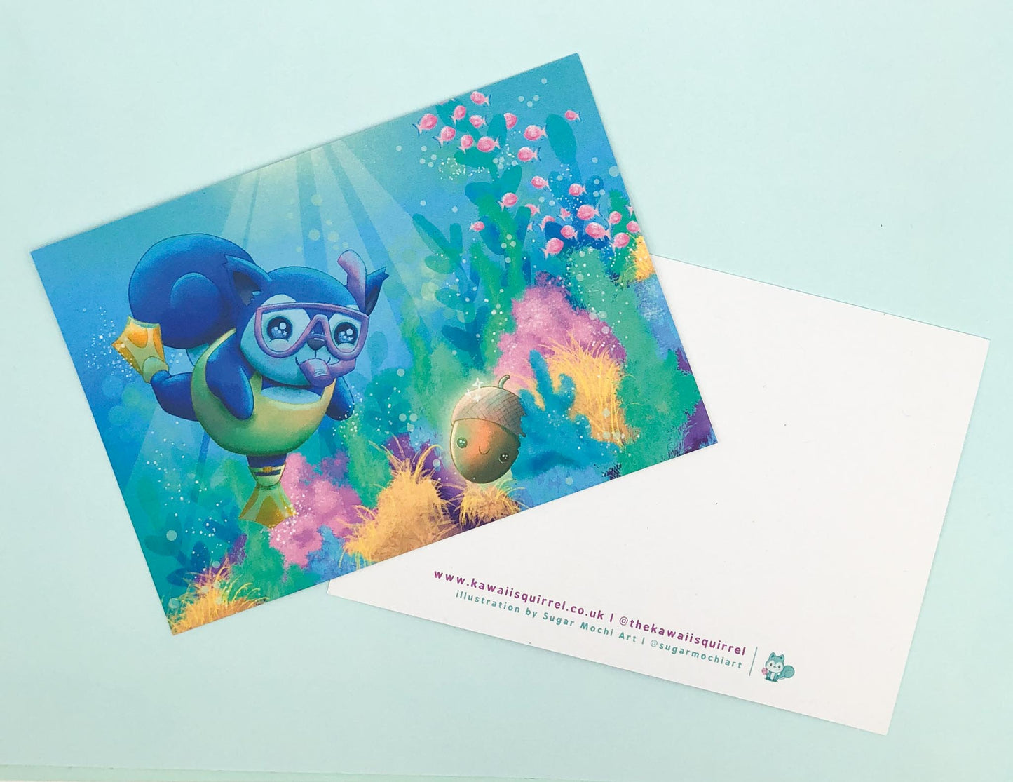 eco recycled handmade art postcard kawaii squirrel squirrels uk cards hand made artist exclusive turquoise ocean dive diving acorn summer sea coral reef tropical fish cute kawaii stationery postcards