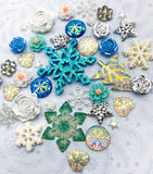 snow snowy christmas festive flat back bundle rose flower white pearl glitter blue turquoise silver star stars teal turquoise gold glitter snowflake snowflakes acrylic flatback fb uk cute kawaii craft supplies tree snowflakes heart hearts iridescent