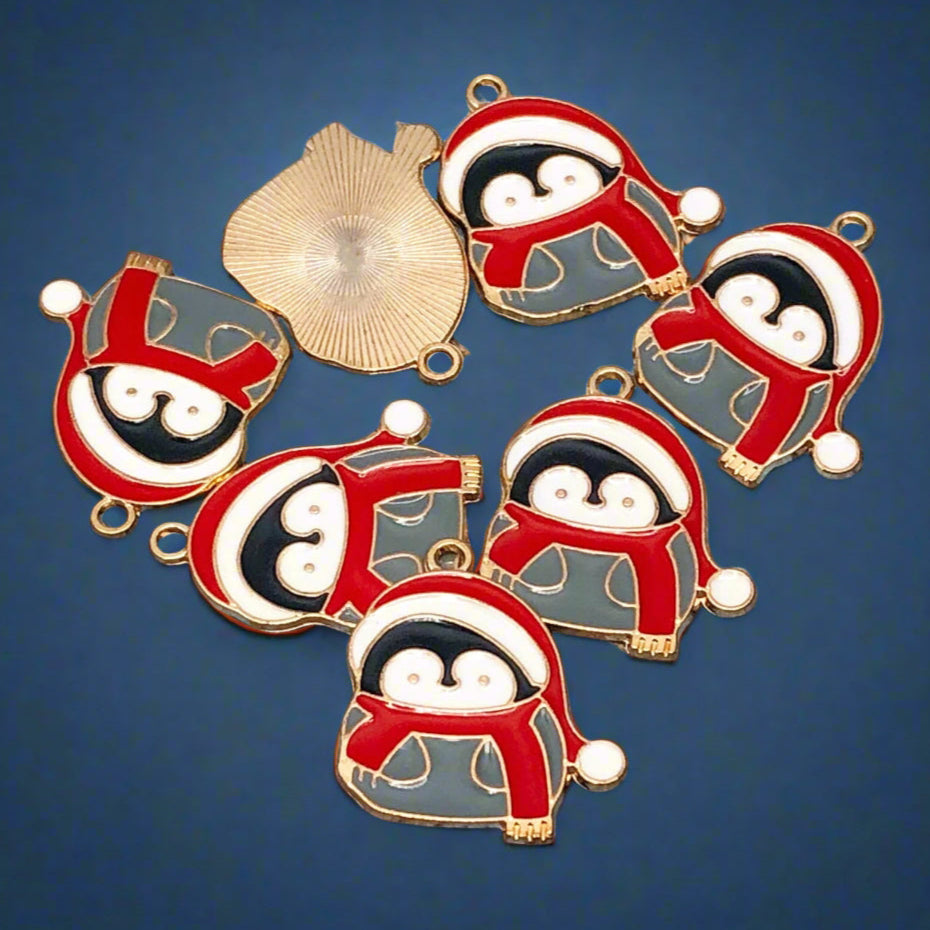 large cute penguin penguins winter snow christmas festive gold tone metal charm charms pendant uk cute kawaii craft supplies penguins red scarf grey white
