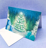 greeting greetings card cards christmas festive uk handmade kawaii cute stationery hand made forest wood woodland pastel fir tree tree cute animals deer squirrel rabbit blue turquoise pretty colours illustrations artist art