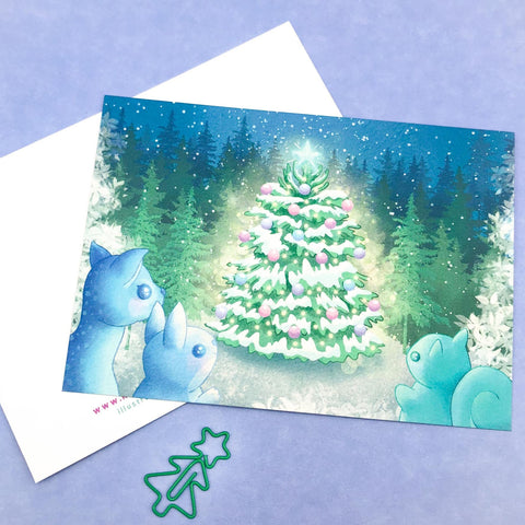 exclusive christmas festive card postcard postcards kawaii cute turquoise blue wood woodland tree trees squirrel rabbit deer uk stationery handmade illustration
