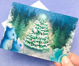 exclusive christmas festive card postcard postcards kawaii cute turquoise blue wood woodland tree trees squirrel rabbit deer uk stationery handmade illustration