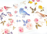 bird birds and flower flowers floral large translucent sticker stickers sheet pack of 3 uk cute kawaii washi paper stationery blue pink yellow nature leaves flowers