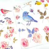 bird birds and flower flowers floral large translucent sticker stickers sheet pack of 3 uk cute kawaii washi paper stationery blue pink yellow nature leaves flowers