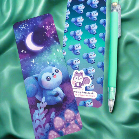 sugarmochi sugar mochi cute kawaii art bookmark book mark card uk handmade illustration squirrel pretty designed artist magic magical moon moonlight halloween purple lilac galaxy night sky star stars blue pink turquoise