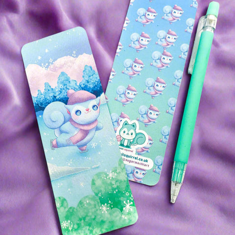 sugarmochi sugar mochi cute kawaii art bookmark book mark card uk handmade illustration squirrel pretty designed artist winter christmas snow snowflake snowing ice skating pink blue pretty festive christmas stocking filler gift pastel handmade art