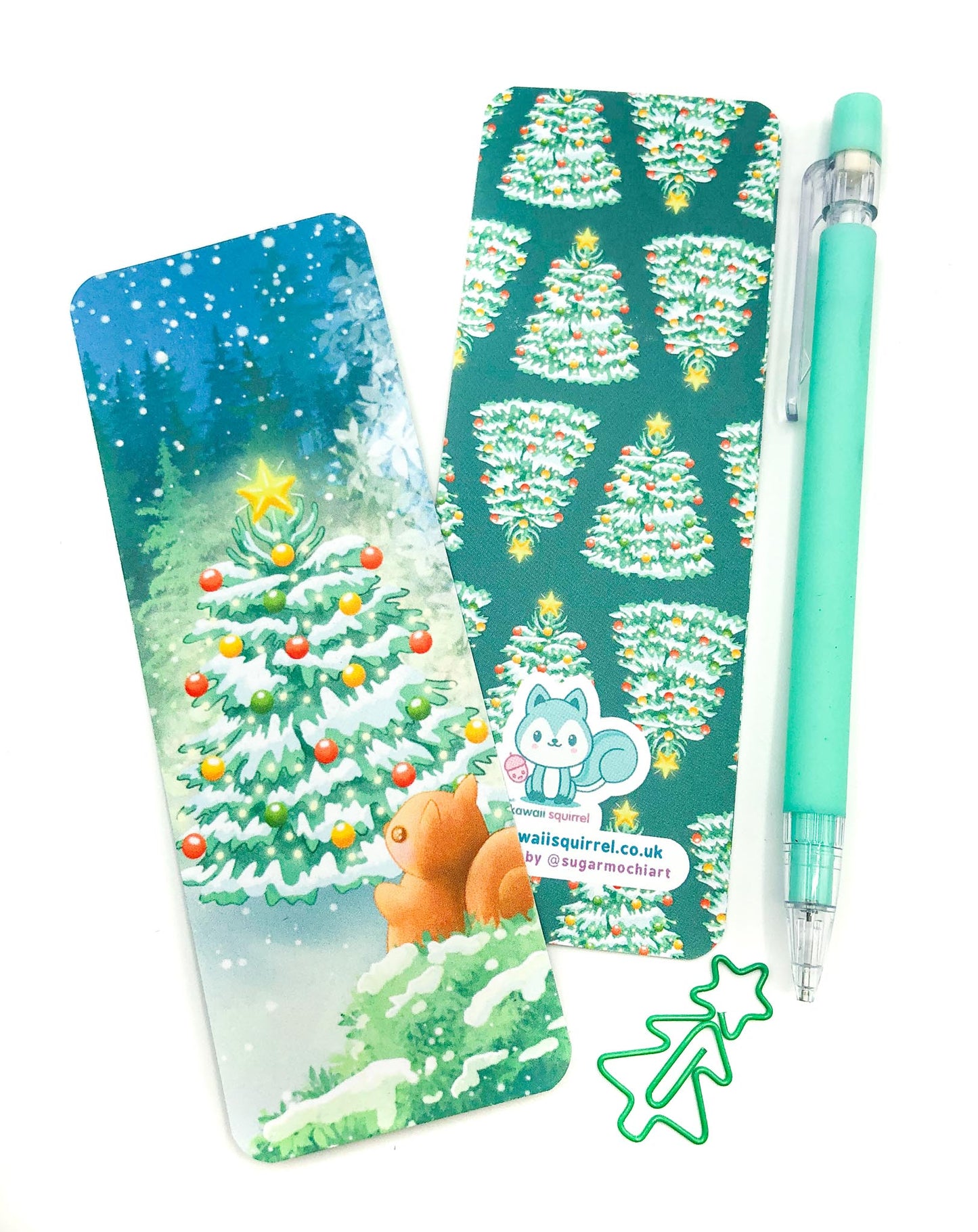 sugarmochi sugar mochi cute kawaii art bookmark book mark card uk handmade illustration squirrel pretty designed artist winter snow forest christmas festive green baubles tree fir trees snow stocking filler gift