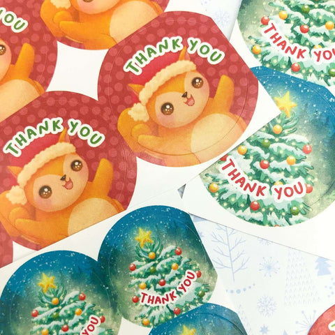 exclusive handmade designed uk stickers thank you christmas festive snow globe red squirrel tree blue large small 25mm 37mm uk cute kawaii original stationery designer artwork packaging supplies sugar mochi sugarmochi