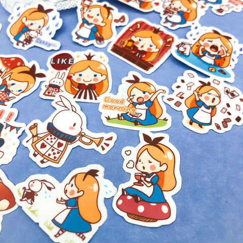 cute pretty kawaii alice in wonderland pack of 40 sticker stickers flake flakes die cut cuts bright fun gift uk stationery white rabbit mad hatter glossy white