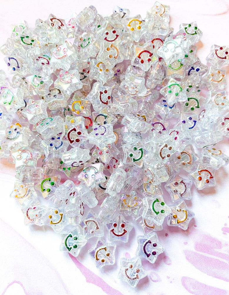 star shape shaped ab iridescent clear transparent cute smiley face faces beads pretty acrylic bead bundle uk kawaii craft supplies stars