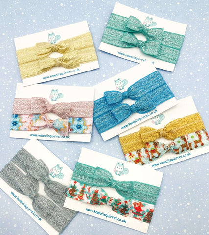 christmas glitter elastic hair tie ties bow bows festive cute gift gifts glittery accessory reindeer pink green blue silver gold uk handmade