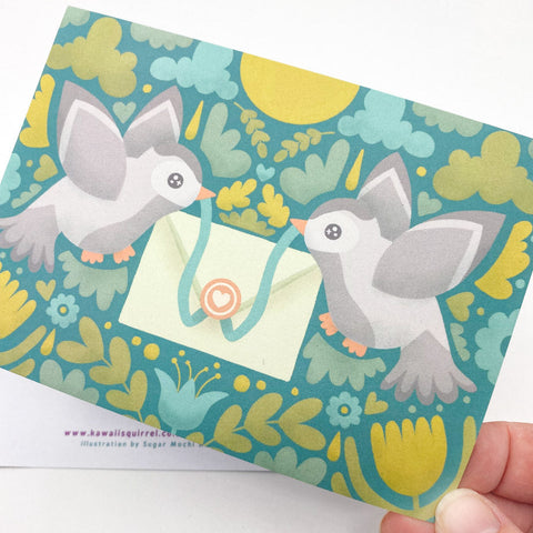 vintage retro dove doves bird birds carrying letter envelope happy mail william morris yellow mustard green blue turquoise grey muted colours postcard post card cards handmade art artist exclusive uk cute kawaii stationery postcards thank you