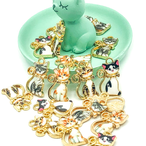 gold tone metal enamel cute cat charms kawaii cats uk tabby ginger grey black charm